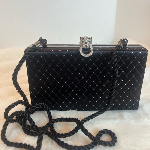 Vintage Kenneth Jay Lane Black Satan Clutch Rhinestone Detail and Leopard Latch